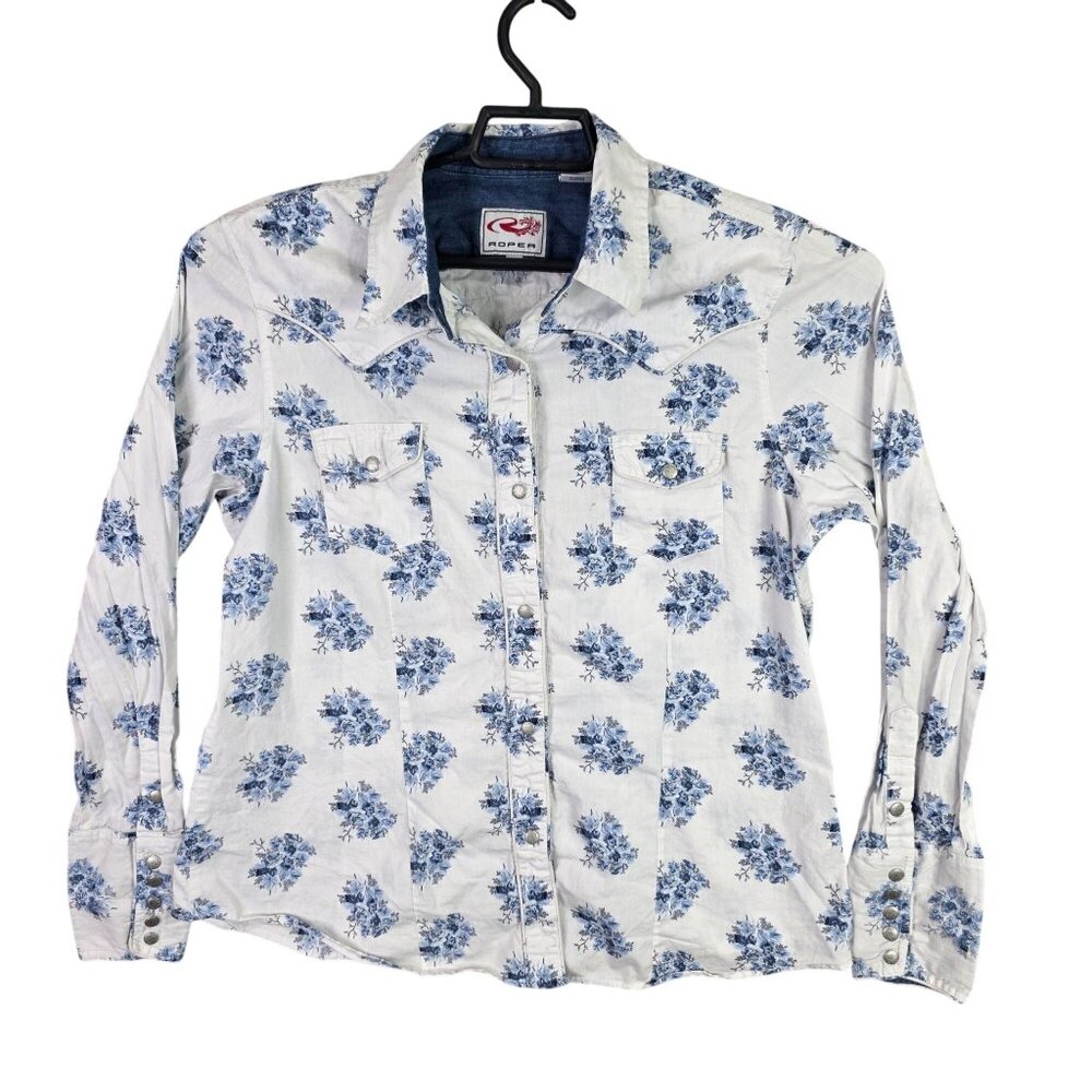 Womens Roper Western Snap Button Up Shirt White & Blue Floral Long Sleeve XL
